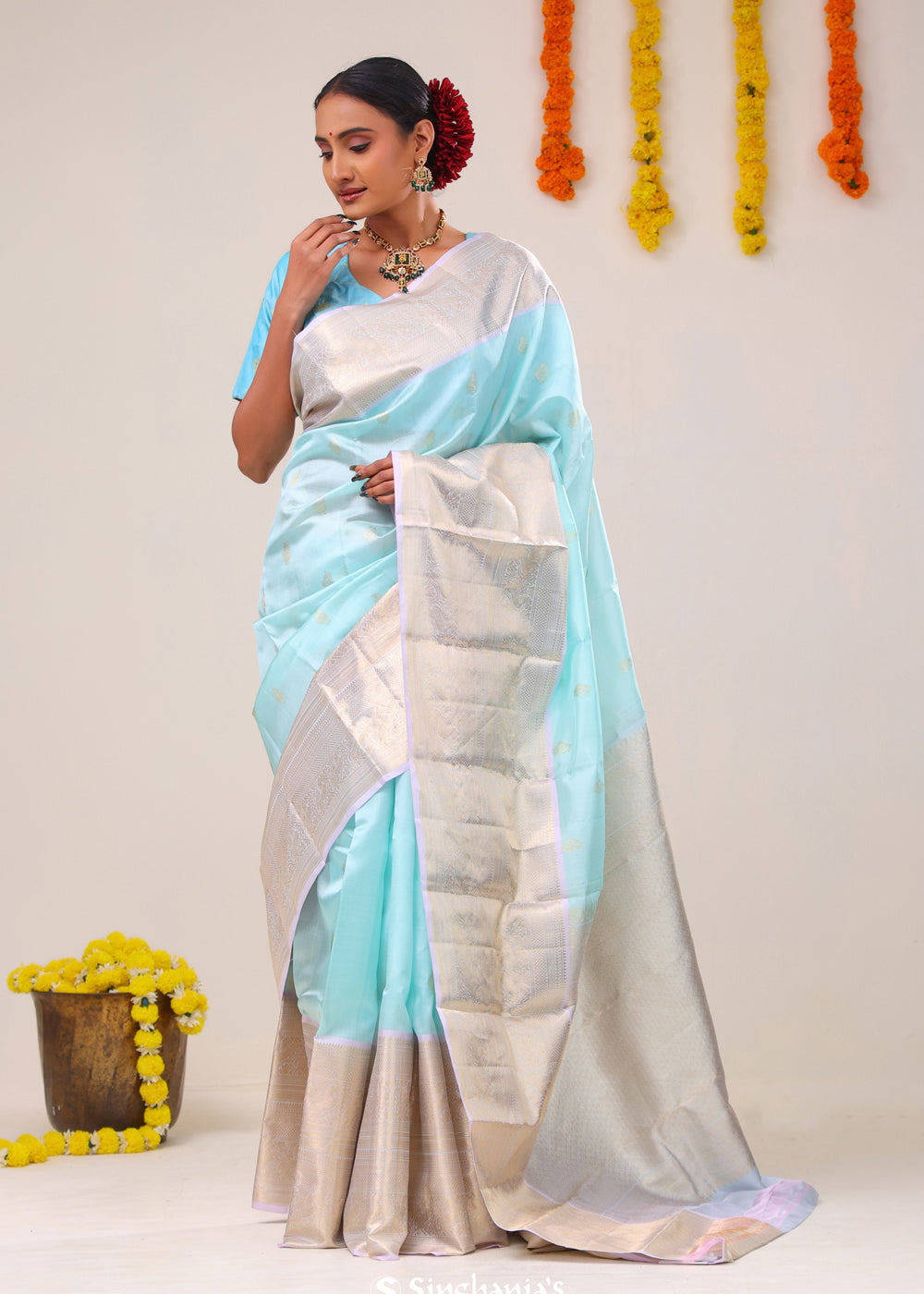 Electric Blue Butti Kanjivaram Silk Saree