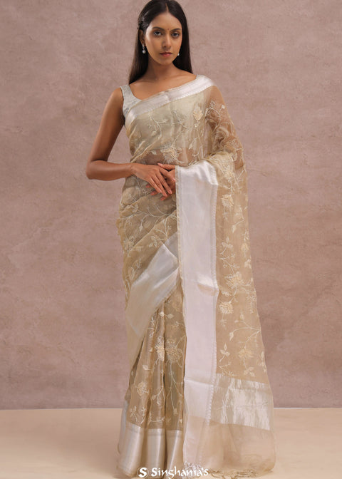 <img> Soft Beige Organza Embroidery Saree With Silver Zari Work