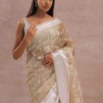 Soft Beige Organza Embroidery Saree With Silver Zari Work