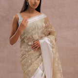 Soft Beige Organza Embroidery Saree With Silver Zari Work