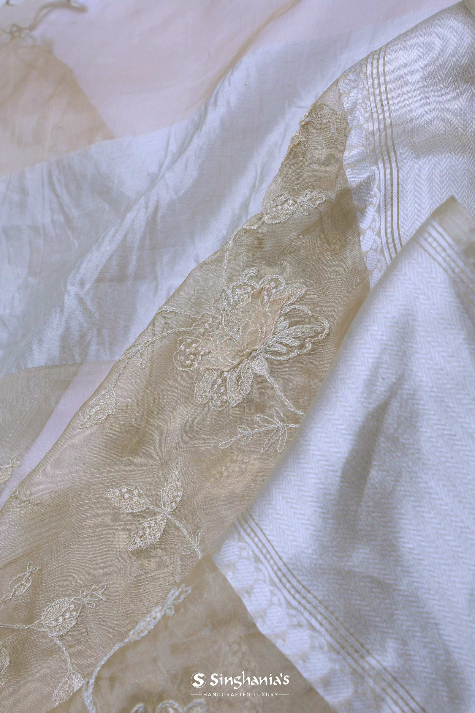 Soft Beige Organza Embroidery Saree With Silver Zari Work