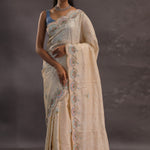Cream Organza Embroidery Saree With Scallop Border