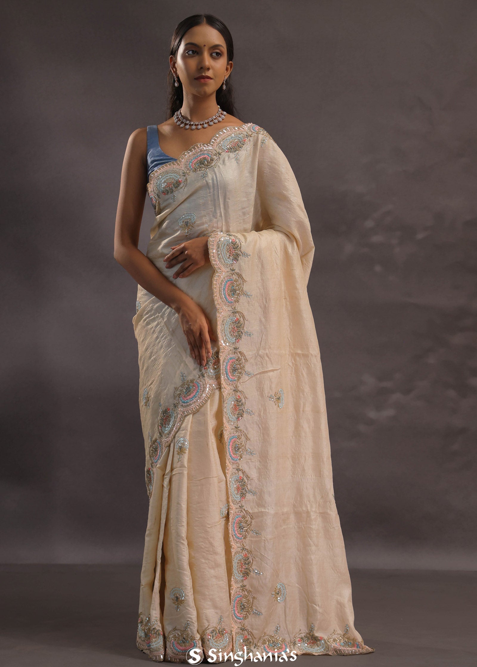 Cream Organza Embroidery Saree With Scallop Border