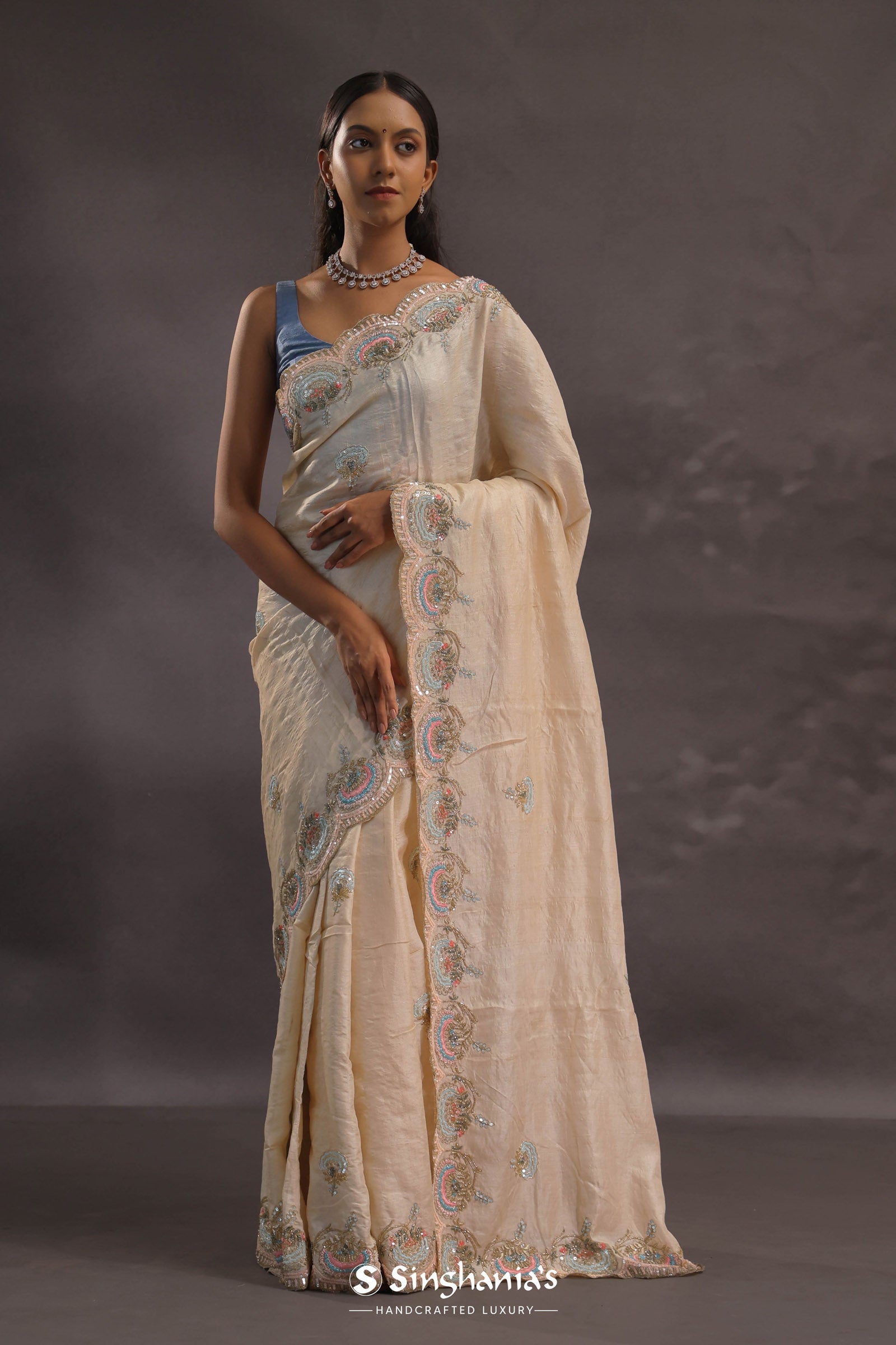 Cream Organza Embroidery Saree With Scallop Border