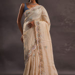 Cream Organza Embroidery Saree With Scallop Border