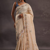 Cream Organza Embroidery Saree With Scallop Border