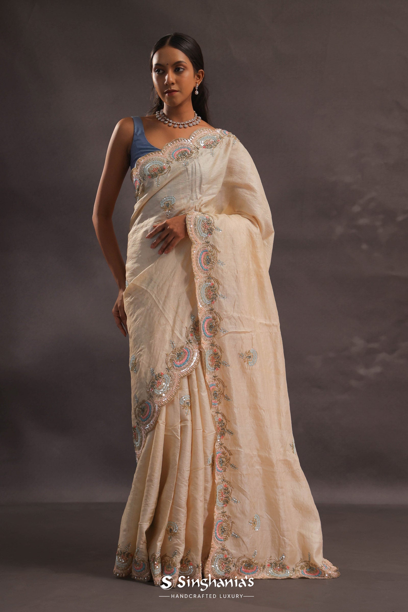 Cream Organza Embroidery Saree With Scallop Border