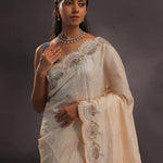 Cream Organza Embroidery Saree With Scallop Border