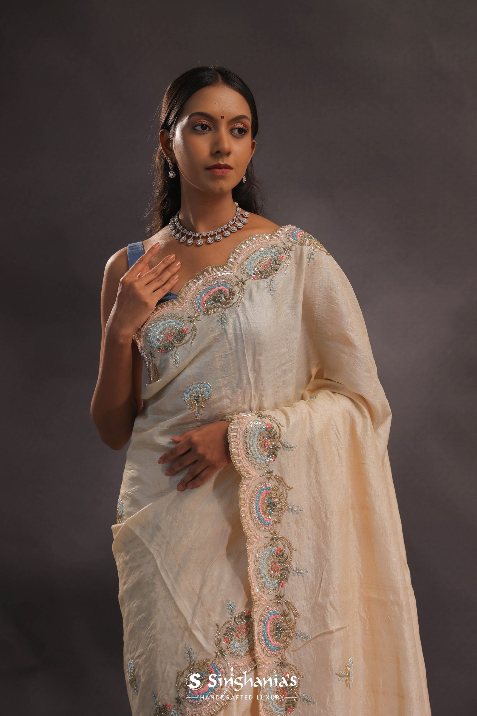 Cream Organza Embroidery Saree With Scallop Border