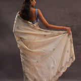 Cream Organza Embroidery Saree With Scallop Border