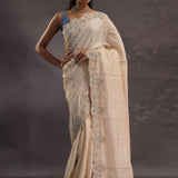 Cream Organza Embroidery Saree With Scallop Border