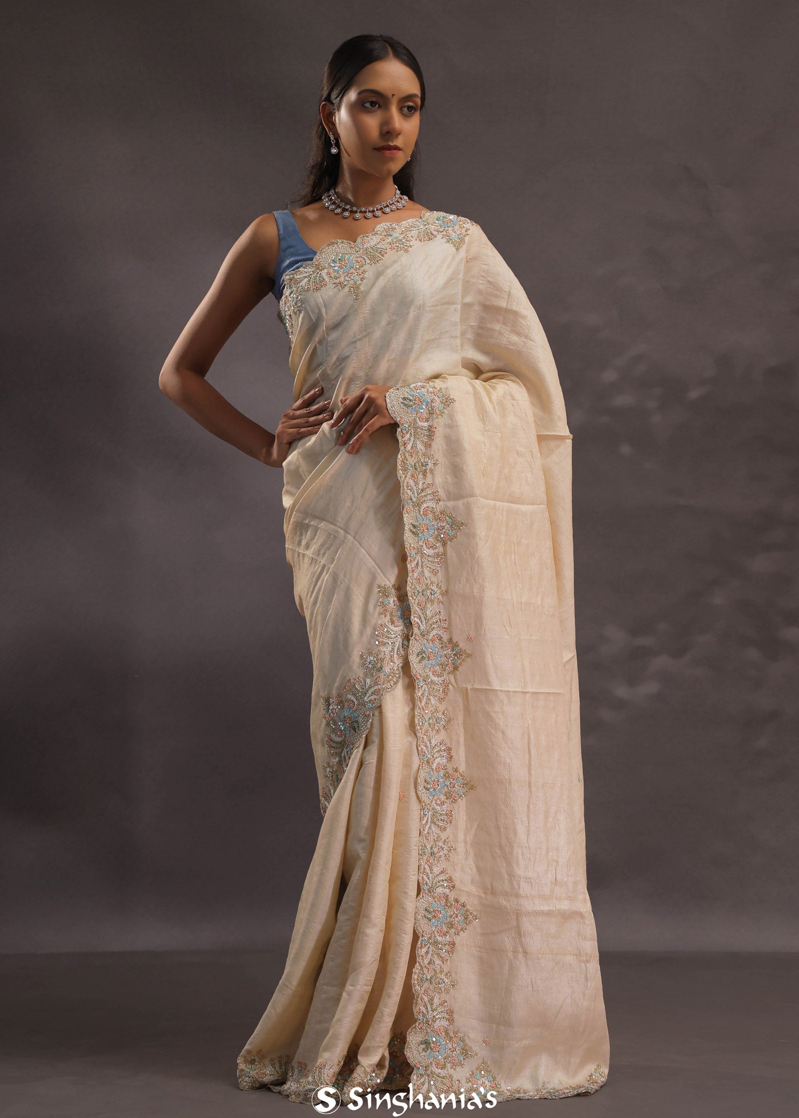 Cream Organza Embroidery Saree With Scallop Border