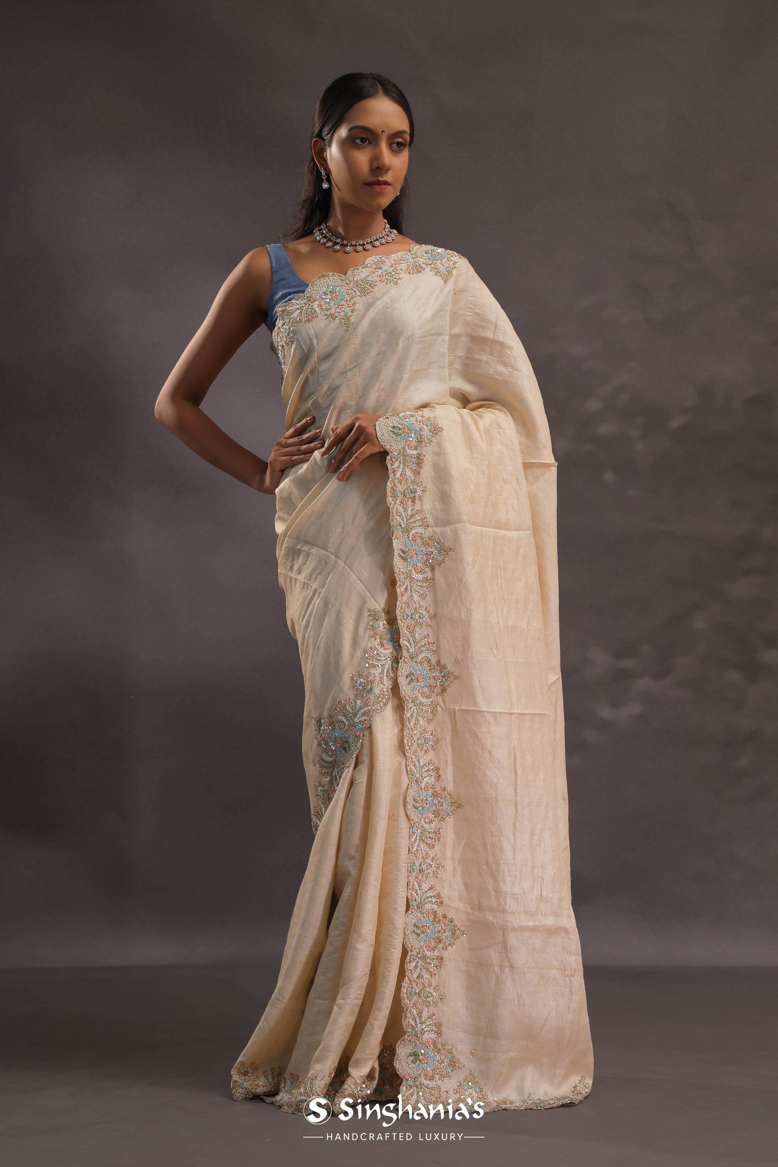 Cream Organza Embroidery Saree With Scallop Border