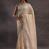 Cream Organza Embroidery Saree With Scallop Border