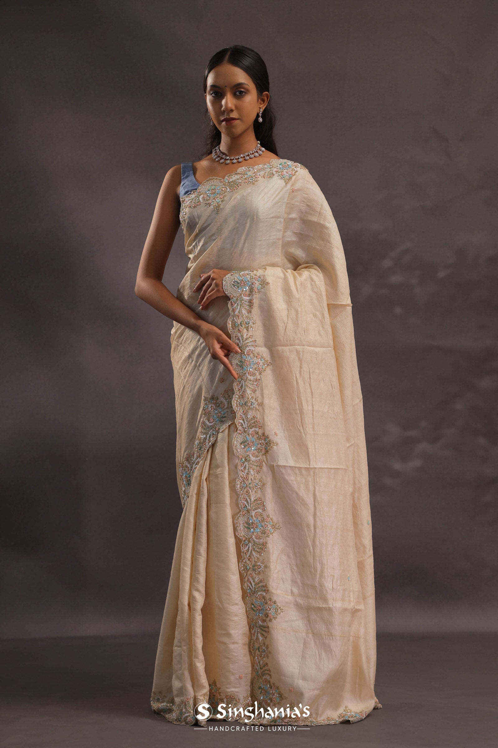 Cream Organza Embroidery Saree With Scallop Border