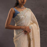 Cream Organza Embroidery Saree With Scallop Border