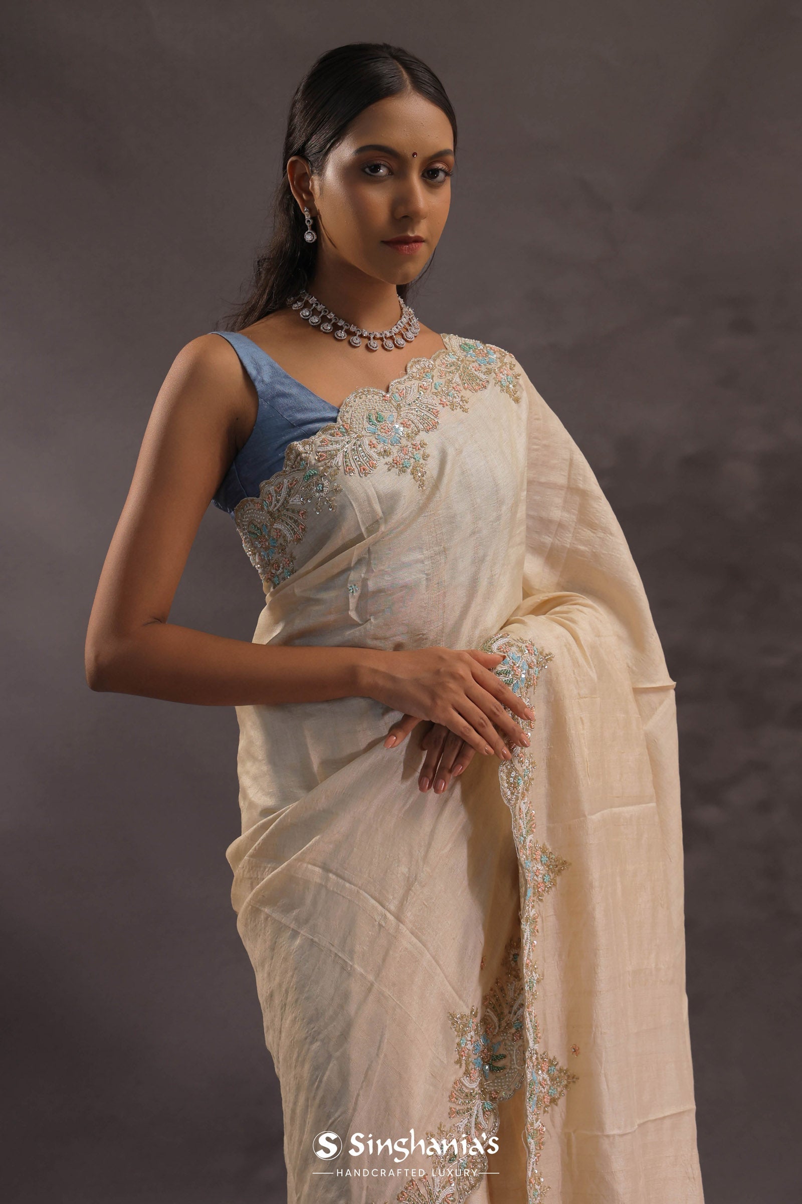Cream Organza Embroidery Saree With Scallop Border