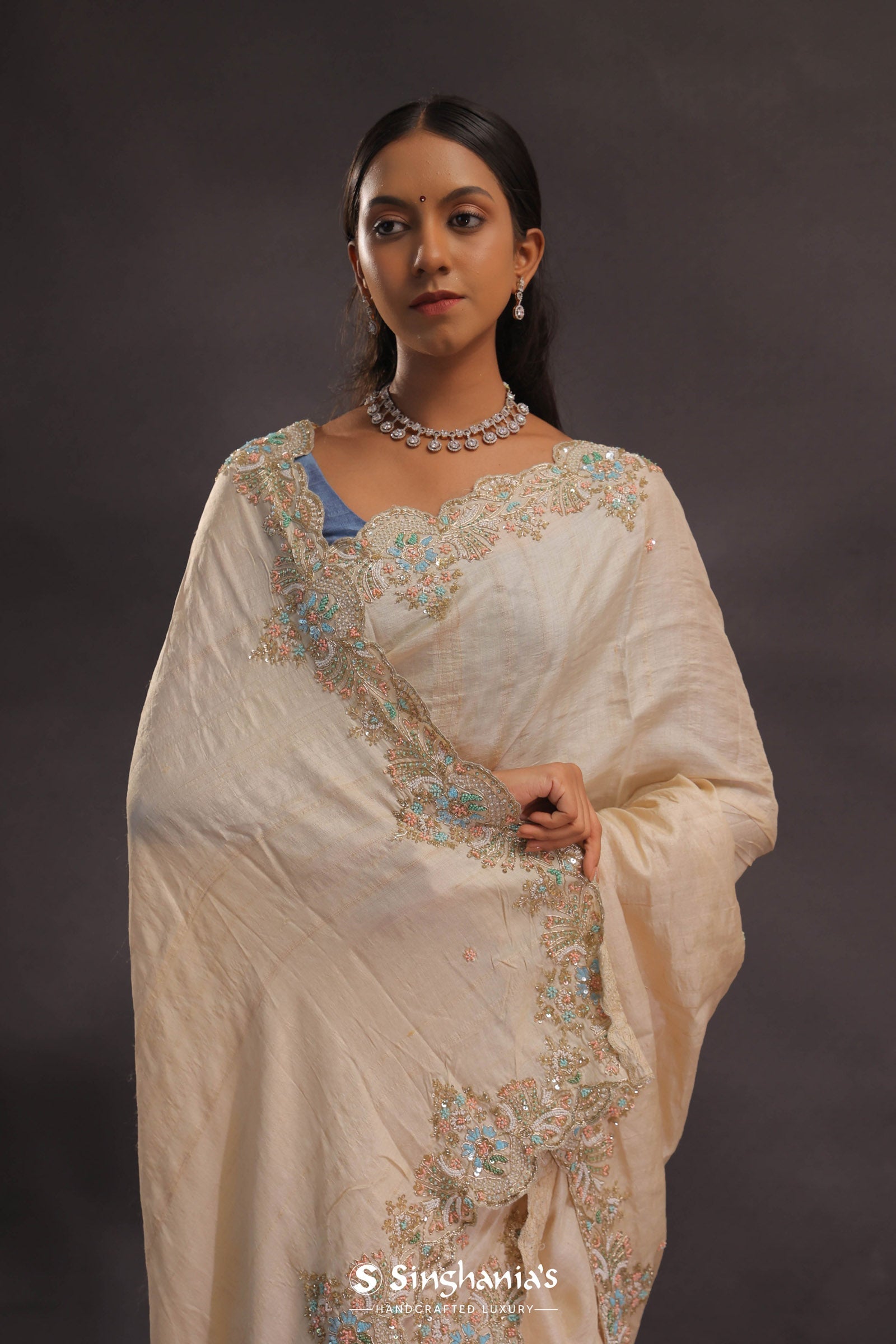 Cream Organza Embroidery Saree With Scallop Border