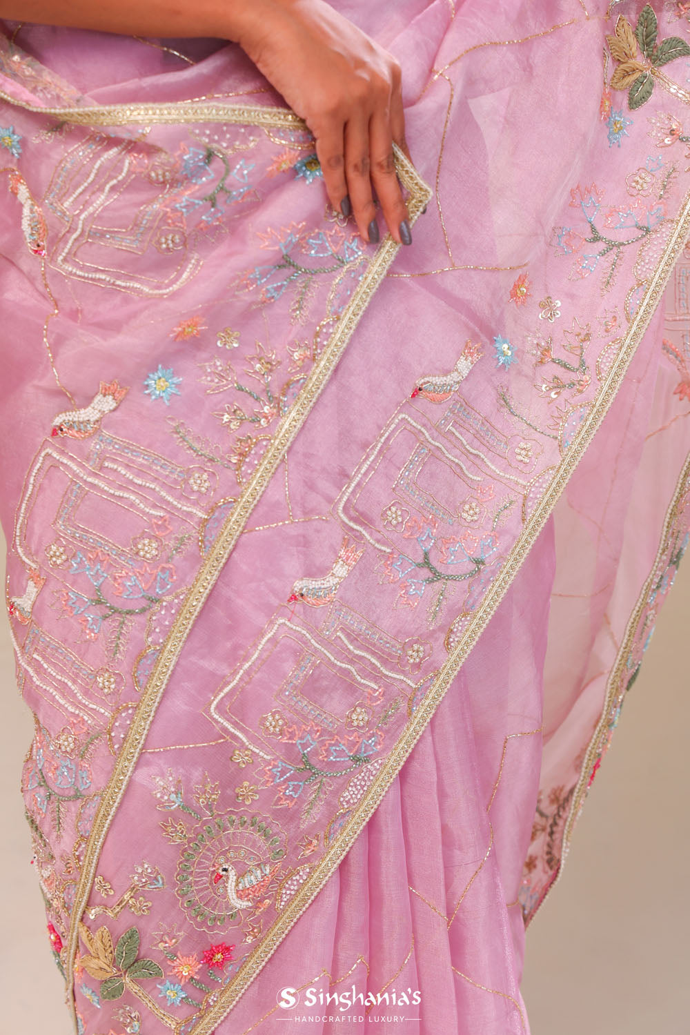 Cherub Pink Tissue Handcrafted Saree