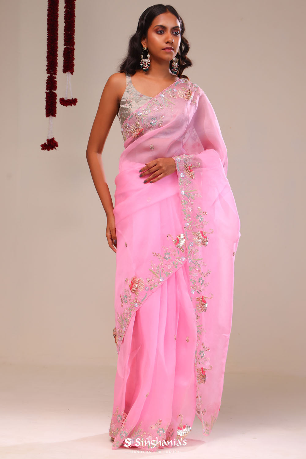 Bright Pink Organza Handcrafted Saree