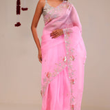 Bright Pink Organza Handcrafted Saree