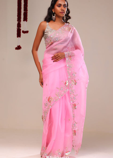 <img> Bright Pink Organza Handcrafted Saree