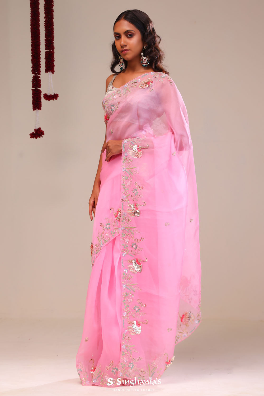 Bright Pink Organza Handcrafted Saree