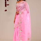 Bright Pink Organza Handcrafted Saree