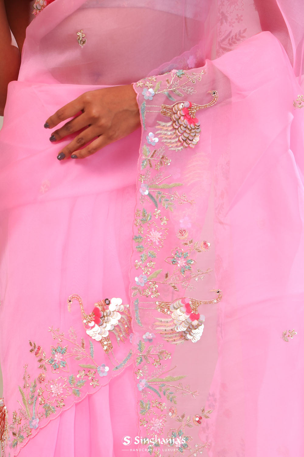 Bright Pink Organza Handcrafted Saree
