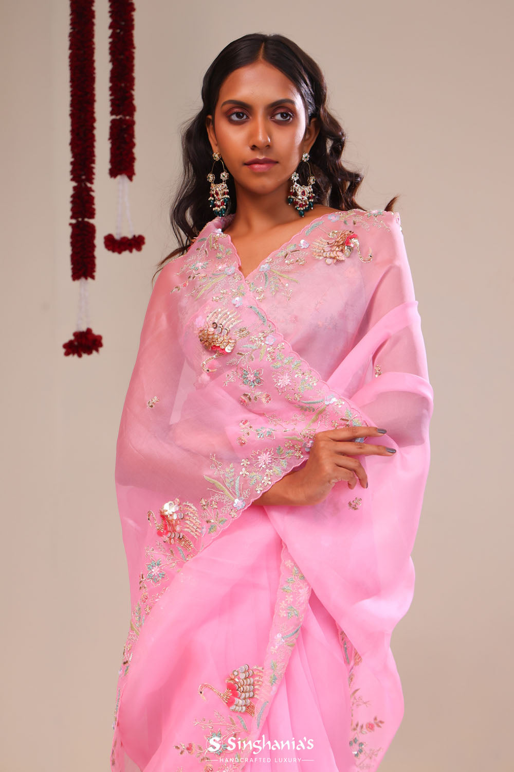 Bright Pink Organza Handcrafted Saree