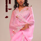 Bright Pink Organza Handcrafted Saree