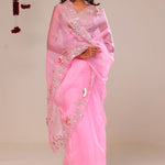 Bright Pink Organza Handcrafted Saree