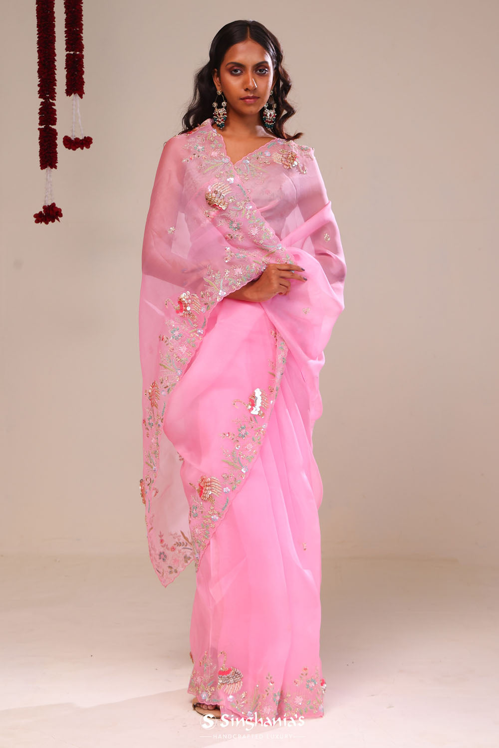 Bright Pink Organza Handcrafted Saree