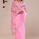 Bright Pink Organza Handcrafted Saree