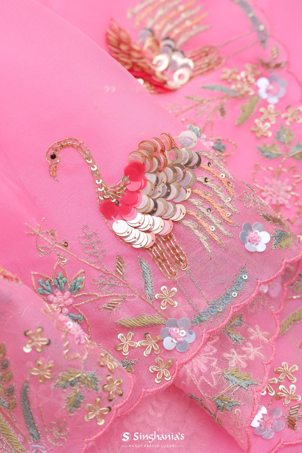 Bright Pink Organza Handcrafted Saree