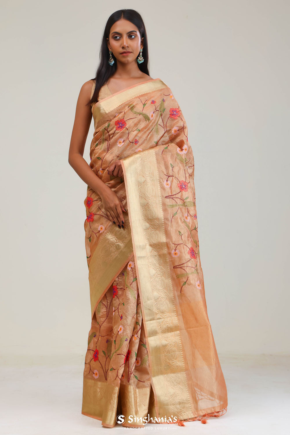 Fawn Gold Jaali Crafted Tissue Saree