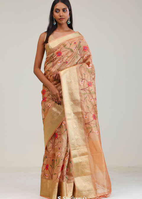 <img> Fawn Gold Jaali Crafted Tissue Saree