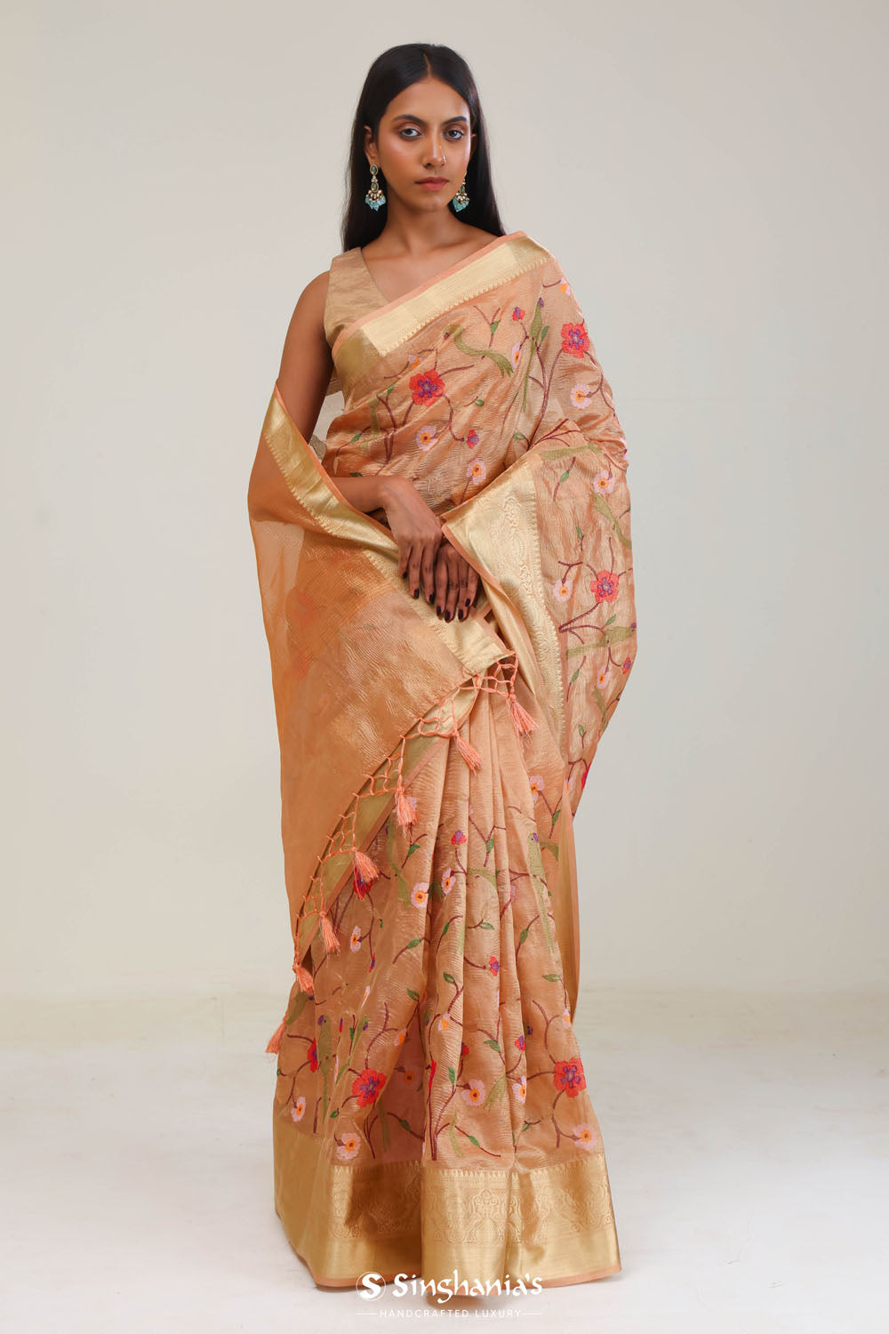 Fawn Gold Jaali Crafted Tissue Saree
