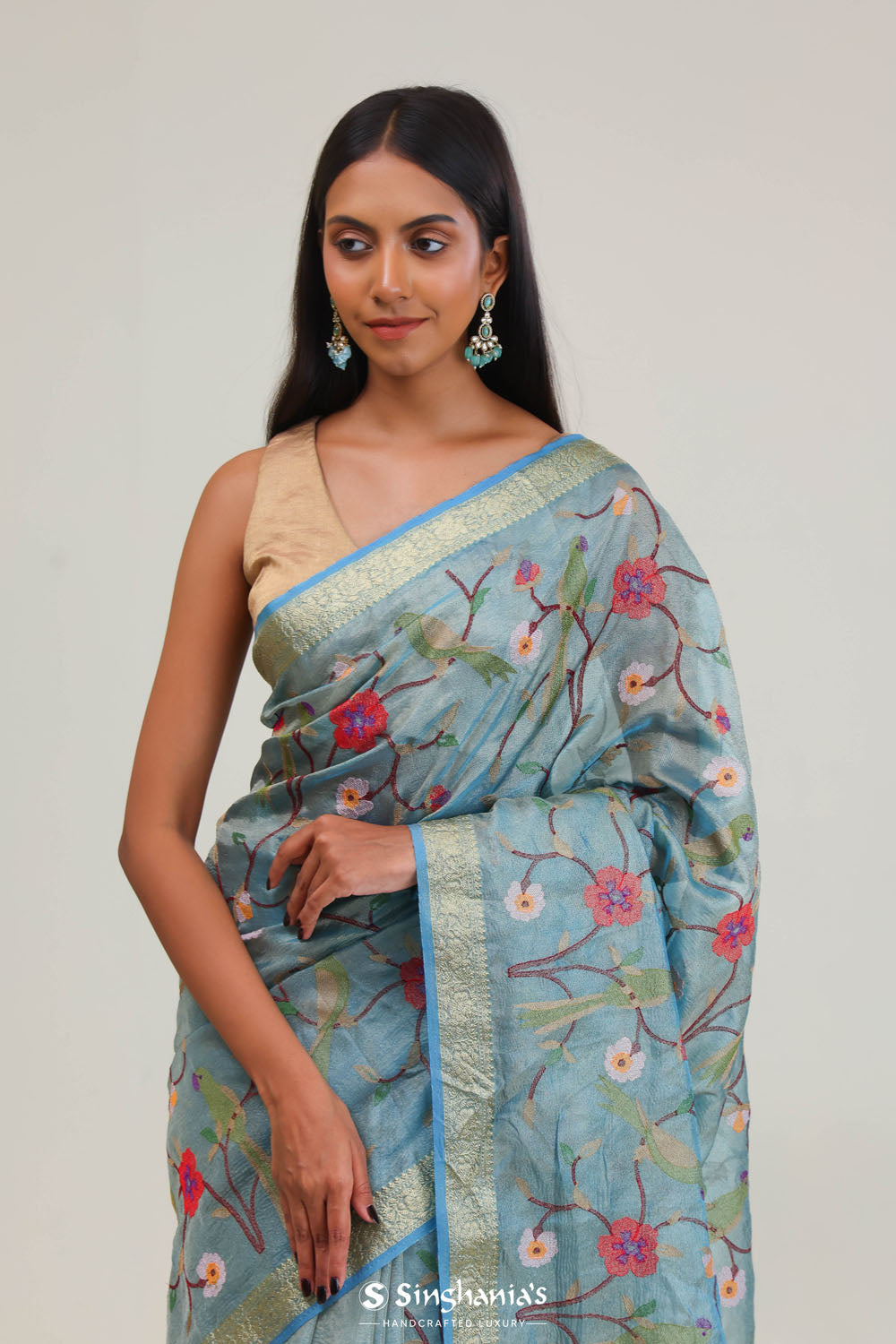 Moonstone Blue Jaali Crafted Tissue Saree