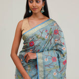 Moonstone Blue Jaali Crafted Tissue Saree