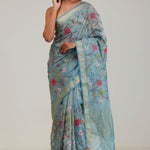 Moonstone Blue Jaali Crafted Tissue Saree