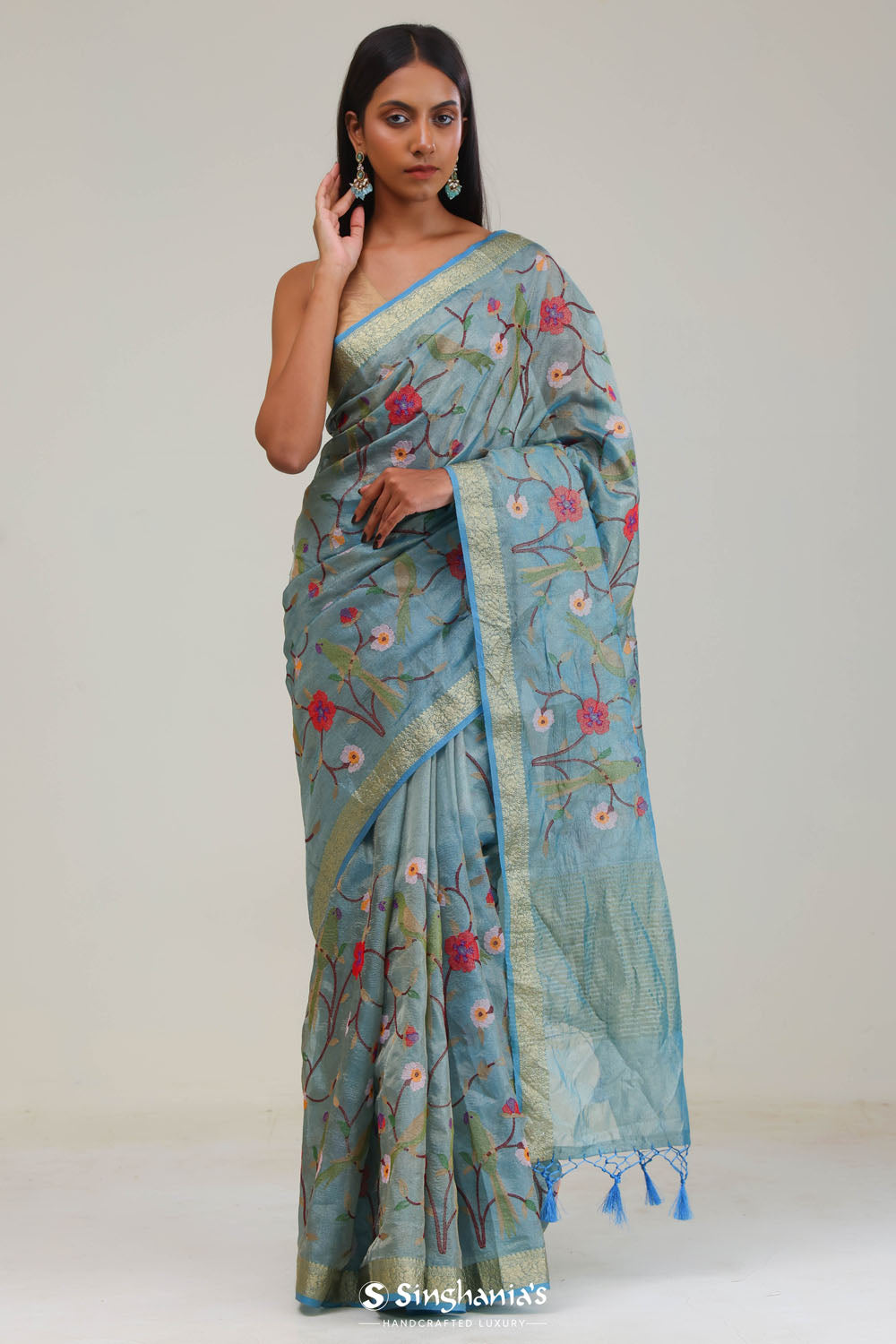 Moonstone Blue Jaali Crafted Tissue Saree