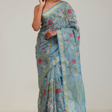 Moonstone Blue Jaali Crafted Tissue Saree