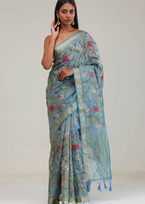 <img> Moonstone Blue Jaali Crafted Tissue Saree
