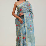 Moonstone Blue Jaali Crafted Tissue Saree