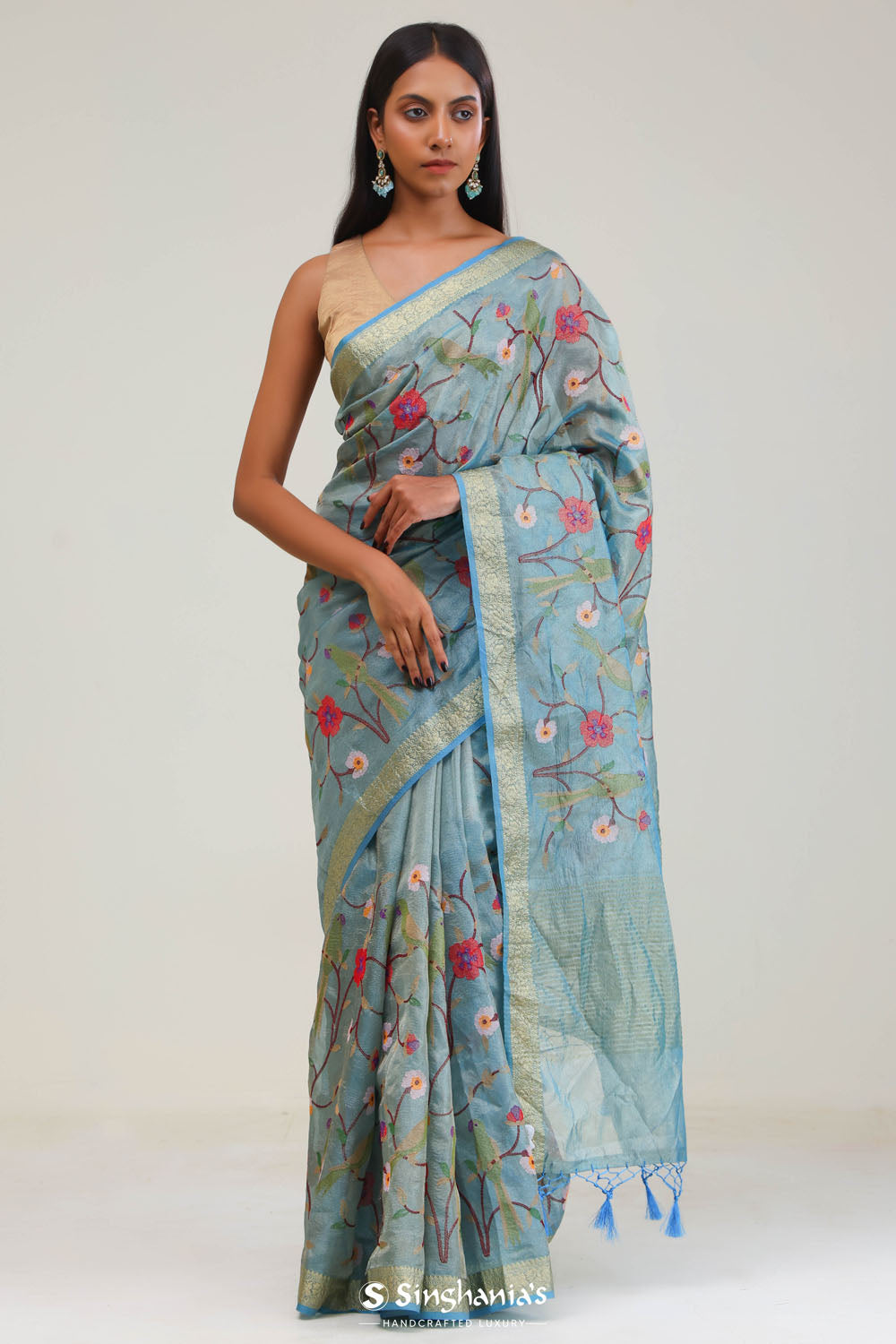 Moonstone Blue Jaali Crafted Tissue Saree