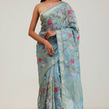 Moonstone Blue Jaali Crafted Tissue Saree