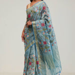 Moonstone Blue Jaali Crafted Tissue Saree