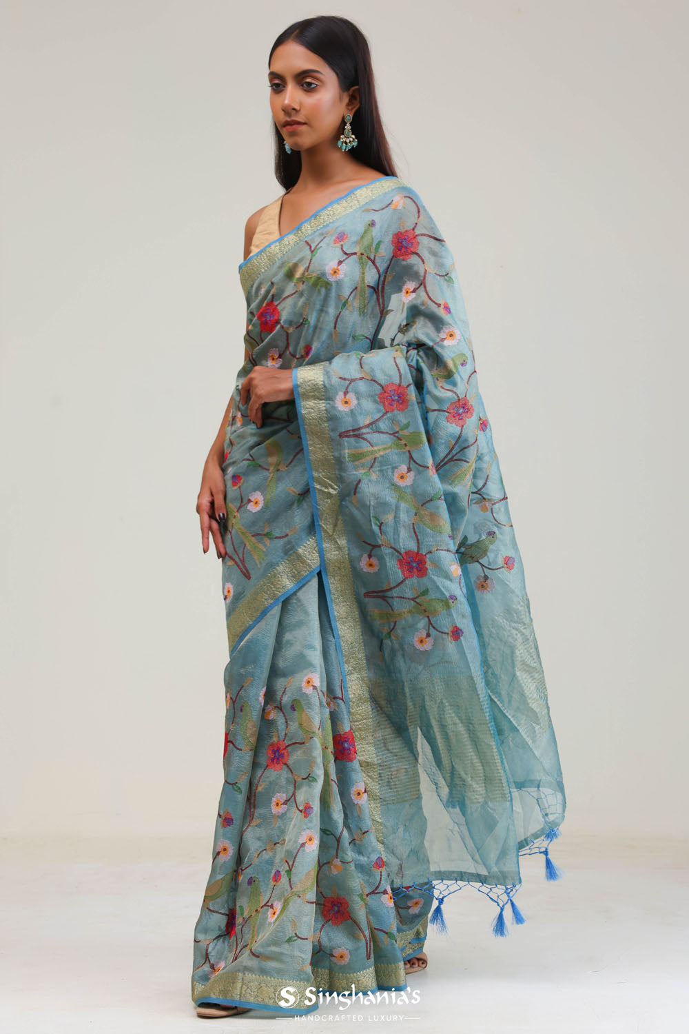 Moonstone Blue Jaali Crafted Tissue Saree