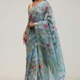 Moonstone Blue Jaali Crafted Tissue Saree